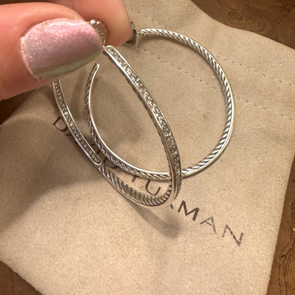 David Yurman silver diamond hoop earrings. Authentic, of course.
